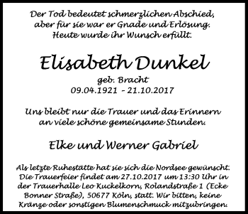 Anzeige von Elisabeth Dunkel von Kölner Stadt-Anzeiger / Kölnische Rundschau / Express