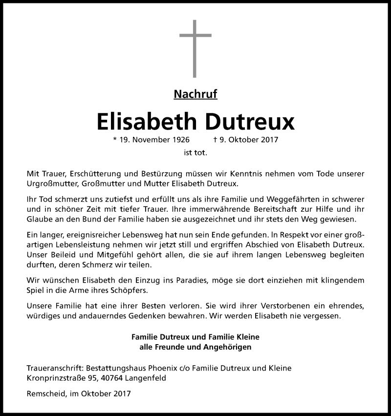  Traueranzeige für Elisabeth Dutreux vom 14.10.2017 aus Kölner Stadt-Anzeiger / Kölnische Rundschau / Express