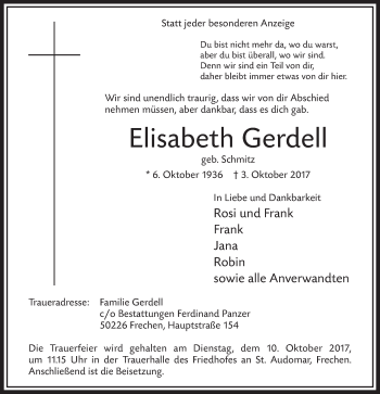 Anzeige von Elisabeth Gerdell von  Sonntags-Post 