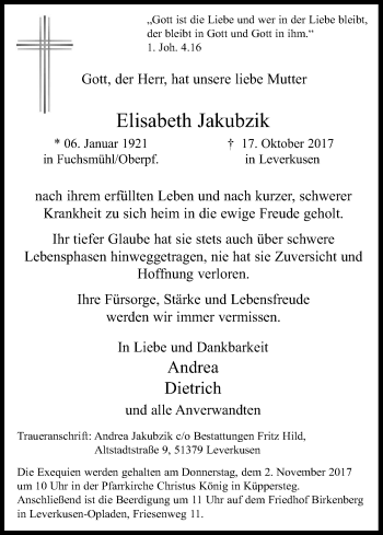 Anzeige von Elisabeth Jakubzik von Kölner Stadt-Anzeiger / Kölnische Rundschau / Express