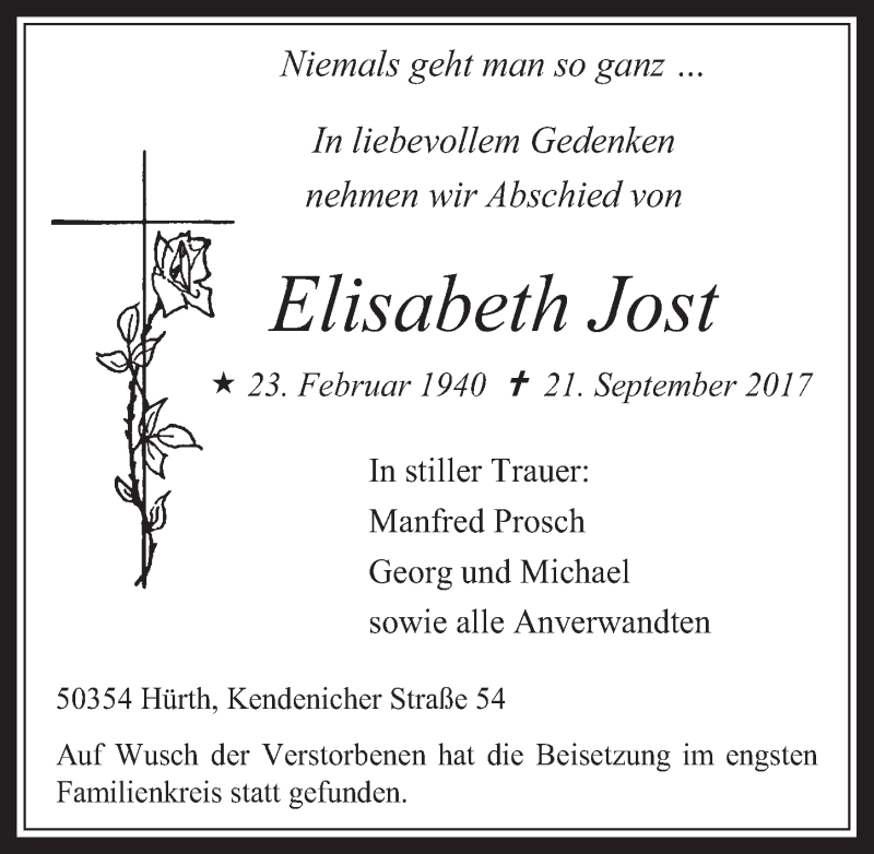  Traueranzeige für Elisabeth Jost vom 11.10.2017 aus  Wochenende 