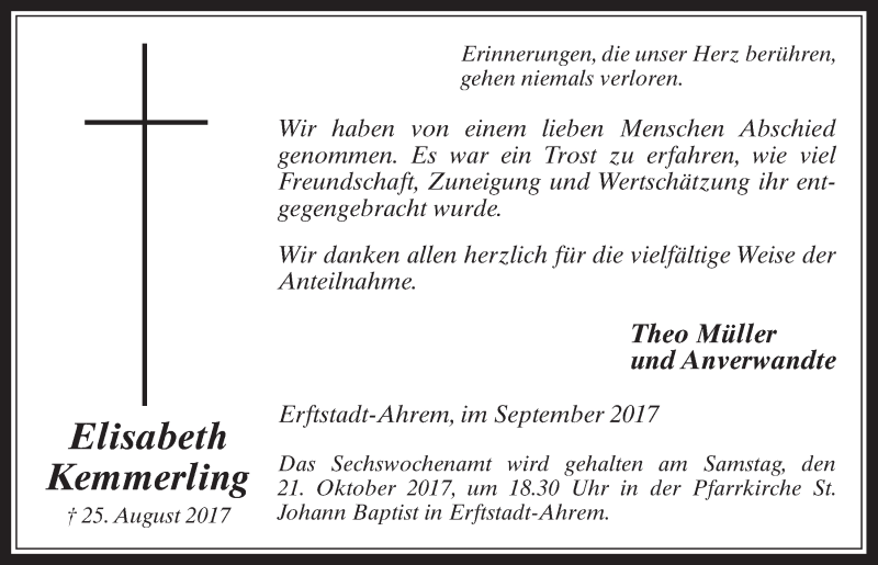  Traueranzeige für Elisabeth Kemmerling vom 18.10.2017 aus  Werbepost 