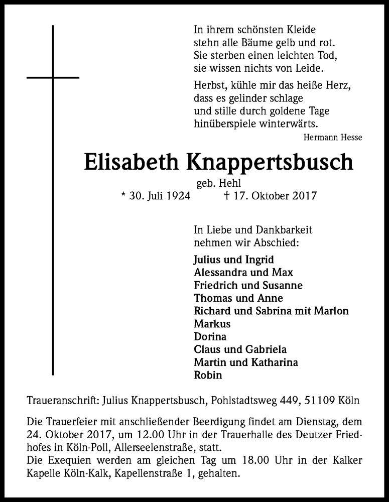  Traueranzeige für Elisabeth Knappertsbusch vom 21.10.2017 aus Kölner Stadt-Anzeiger / Kölnische Rundschau / Express