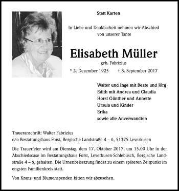 Anzeige von Elisabeth Müller von Kölner Stadt-Anzeiger / Kölnische Rundschau / Express