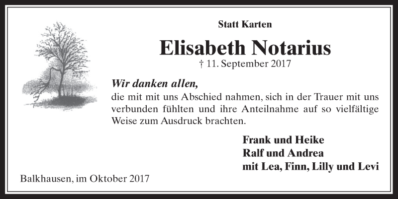  Traueranzeige für Elisabeth Notarius vom 28.10.2017 aus  Sonntags-Post 