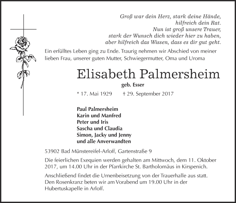  Traueranzeige für Elisabeth Palmersheim vom 07.10.2017 aus  Blickpunkt Euskirchen 