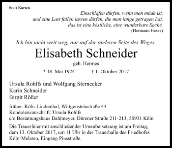 Anzeige von Elisabeth Schneider von Kölner Stadt-Anzeiger / Kölnische Rundschau / Express