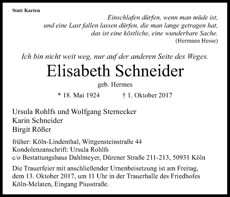  Traueranzeige für Elisabeth Schneider vom 07.10.2017 aus Kölner Stadt-Anzeiger / Kölnische Rundschau / Express