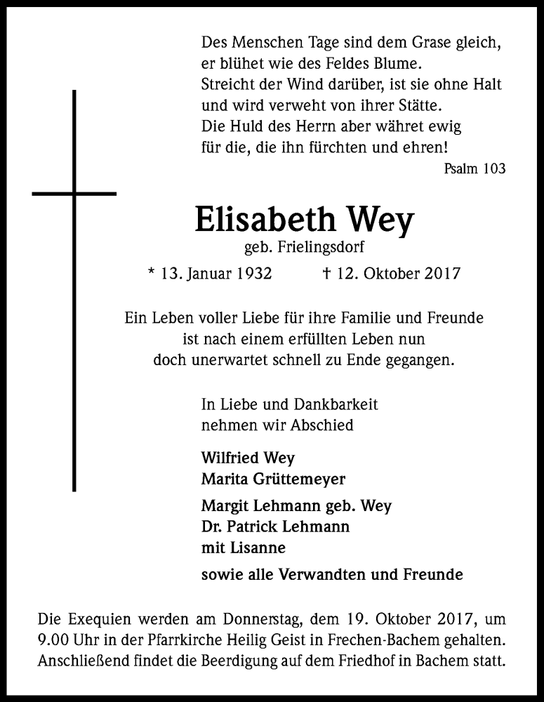  Traueranzeige für Elisabeth Wey vom 17.10.2017 aus Kölner Stadt-Anzeiger / Kölnische Rundschau / Express