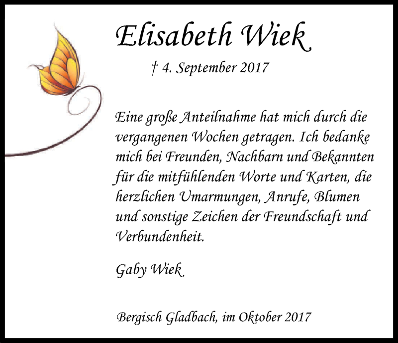  Traueranzeige für Elisabeth Wiek vom 21.10.2017 aus Kölner Stadt-Anzeiger / Kölnische Rundschau / Express