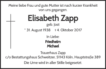 Anzeige von Elisabeth Zapp von  Kölner Wochenspiegel 