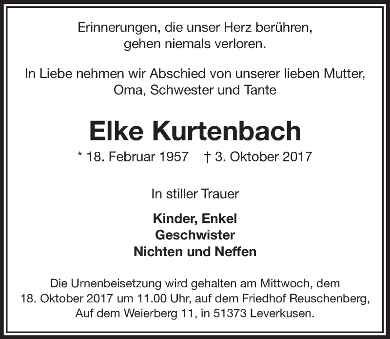  Traueranzeige für Elke Kurtenbach vom 11.10.2017 aus  Lokale Informationen 