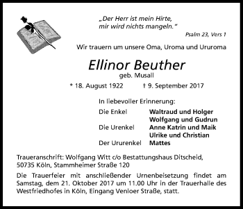 Anzeige von Ellinor Beuther von Kölner Stadt-Anzeiger / Kölnische Rundschau / Express