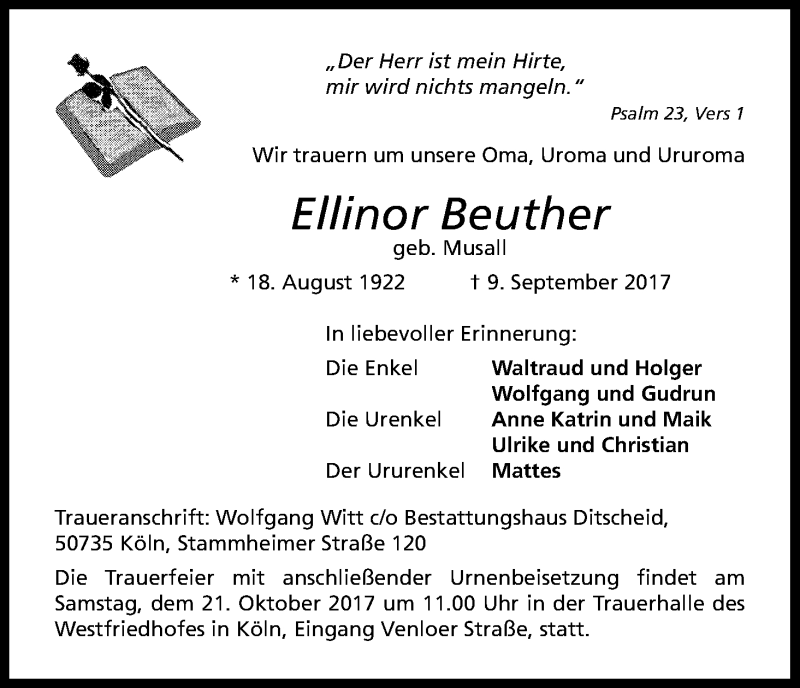  Traueranzeige für Ellinor Beuther vom 11.10.2017 aus Kölner Stadt-Anzeiger / Kölnische Rundschau / Express