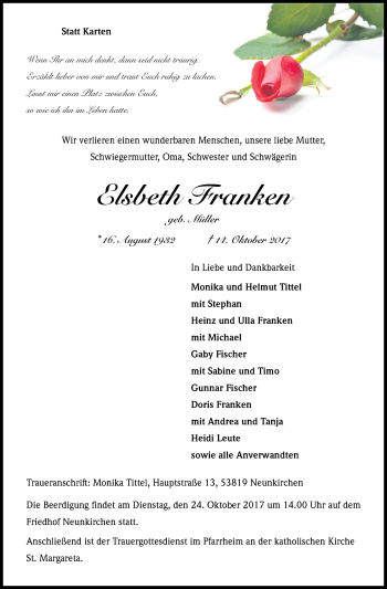 Anzeige von Elsbeth Franken von Kölner Stadt-Anzeiger / Kölnische Rundschau / Express