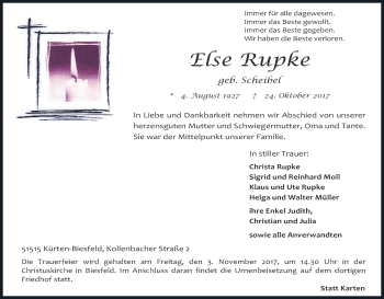 Anzeige von Else Rupke von Kölner Stadt-Anzeiger / Kölnische Rundschau / Express