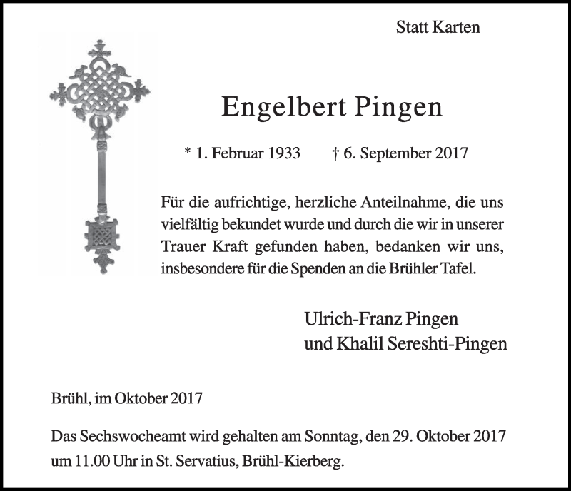  Traueranzeige für Engelbert Pingen vom 25.10.2017 aus  Schlossbote/Werbekurier 