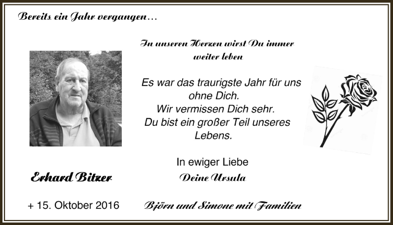  Traueranzeige für Erhard Bitzer vom 11.10.2017 aus  Lokalanzeiger 