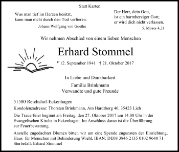 Anzeige von Erhard Stommel von Kölner Stadt-Anzeiger / Kölnische Rundschau / Express