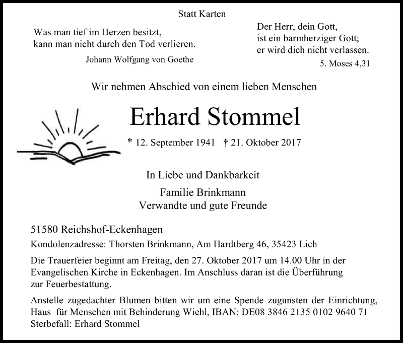  Traueranzeige für Erhard Stommel vom 24.10.2017 aus Kölner Stadt-Anzeiger / Kölnische Rundschau / Express