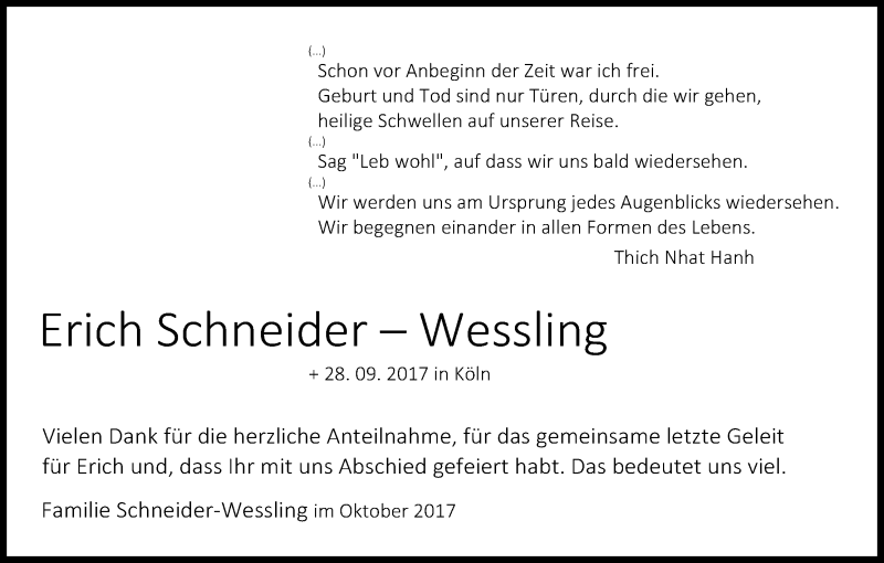  Traueranzeige für Erich Schneider-Wessling vom 28.10.2017 aus Kölner Stadt-Anzeiger / Kölnische Rundschau / Express