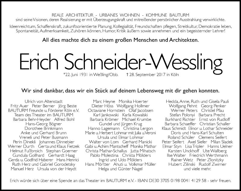  Traueranzeige für Erich Schneider-Wessling vom 07.10.2017 aus Kölner Stadt-Anzeiger / Kölnische Rundschau / Express