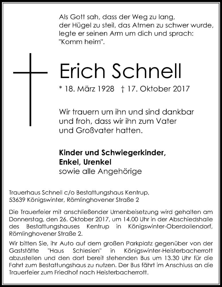  Traueranzeige für Erich Schnell vom 21.10.2017 aus Kölner Stadt-Anzeiger / Kölnische Rundschau / Express