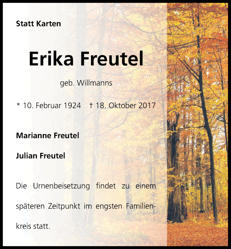  Traueranzeige für Erika Freutel vom 28.10.2017 aus Kölner Stadt-Anzeiger / Kölnische Rundschau / Express