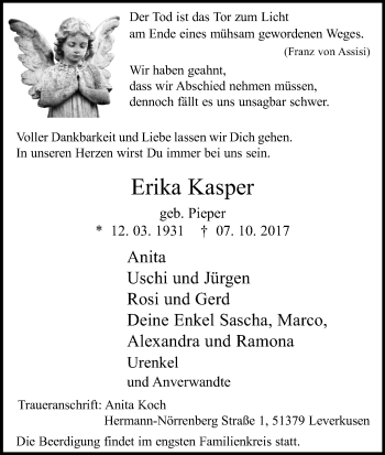 Anzeige von Erika Kasper von Kölner Stadt-Anzeiger / Kölnische Rundschau / Express