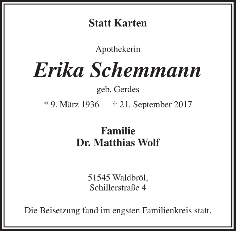 Traueranzeige für Erika Schemmann vom 11.10.2017 aus  Lokalanzeiger 