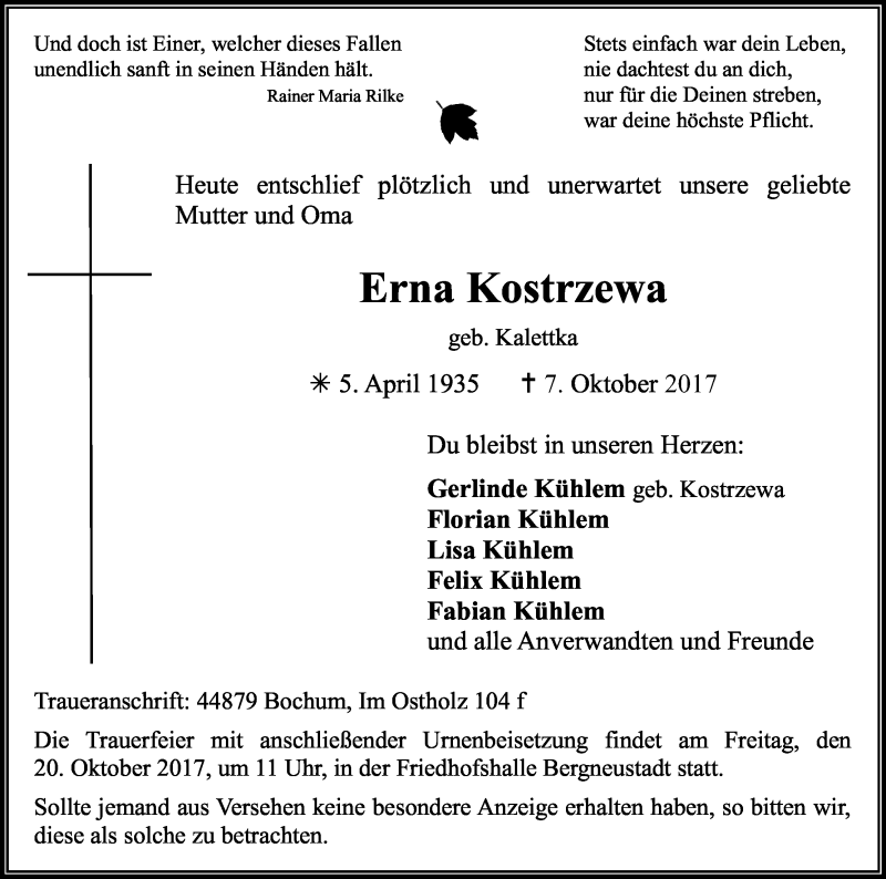  Traueranzeige für Erna Kostrzewa vom 14.10.2017 aus Kölner Stadt-Anzeiger / Kölnische Rundschau / Express
