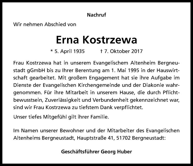  Traueranzeige für Erna Kostrzewa vom 25.10.2017 aus Kölner Stadt-Anzeiger / Kölnische Rundschau / Express