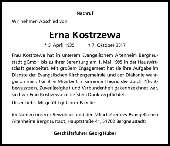 Anzeige von Erna Kostrzewa von Kölner Stadt-Anzeiger / Kölnische Rundschau / Express