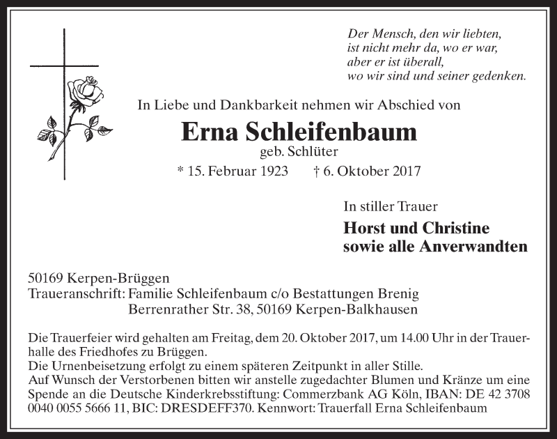  Traueranzeige für Erna Schleifenbaum vom 11.10.2017 aus  Werbepost 