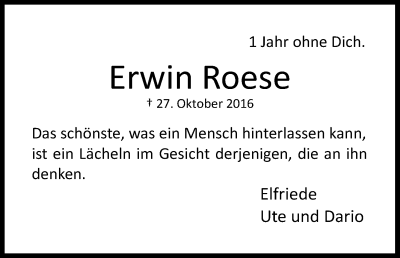  Traueranzeige für Erwin Roese vom 28.10.2017 aus Kölner Stadt-Anzeiger / Kölnische Rundschau / Express