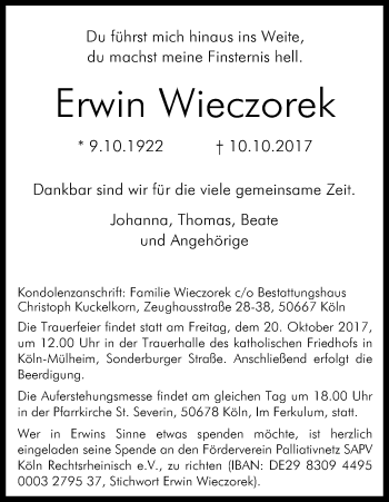 Anzeige von Erwin Wieczorek von Kölner Stadt-Anzeiger / Kölnische Rundschau / Express