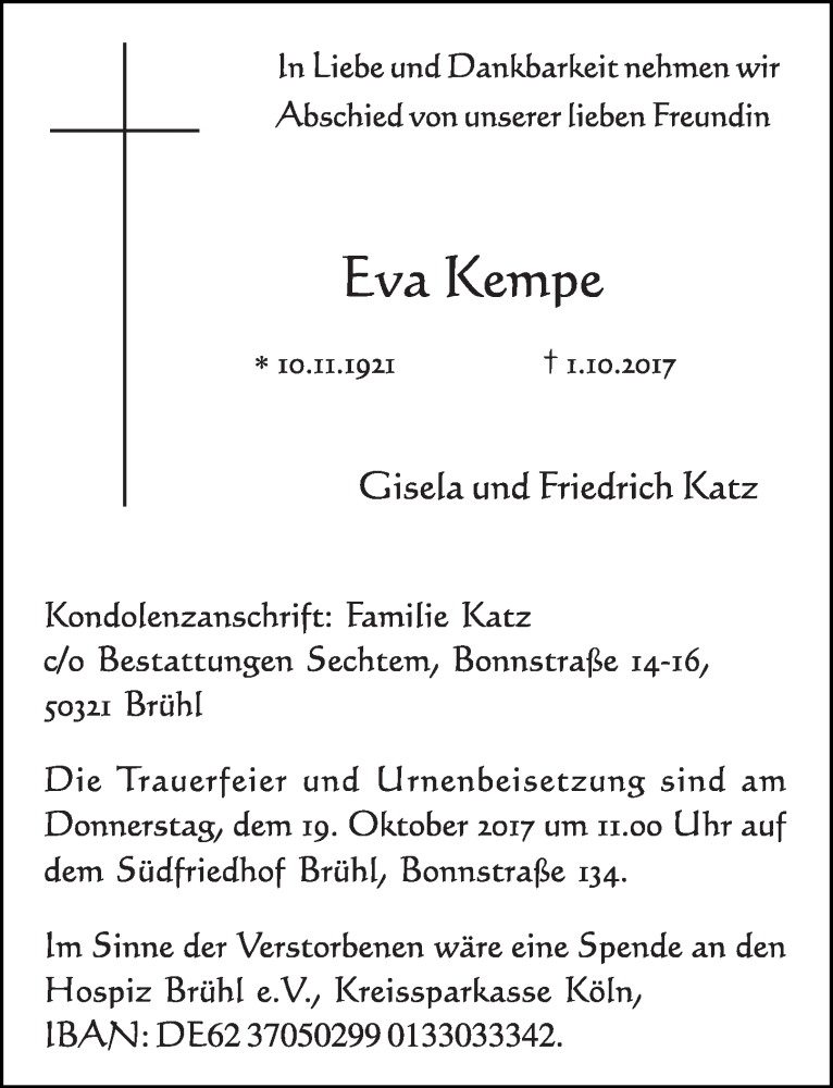  Traueranzeige für Eva  Kempe vom 11.10.2017 aus  Schlossbote/Werbekurier 
