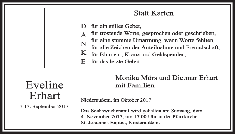  Traueranzeige für Eveline Erhart vom 28.10.2017 aus  Sonntags-Post 