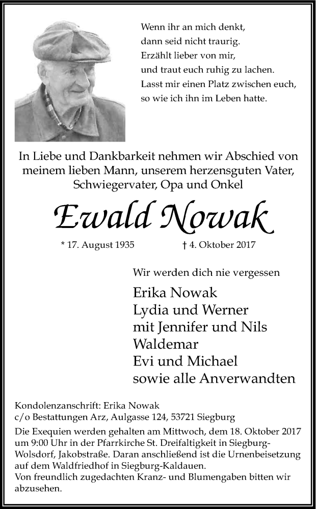  Traueranzeige für Ewald Nowak vom 11.10.2017 aus Kölner Stadt-Anzeiger / Kölnische Rundschau / Express