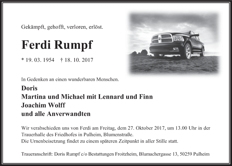  Traueranzeige für Ferdi Rumpf vom 25.10.2017 aus  Wochenende 