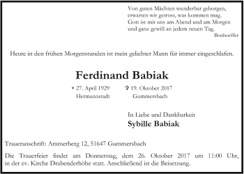 Anzeige von Ferdinand Babiak von  Anzeigen Echo 