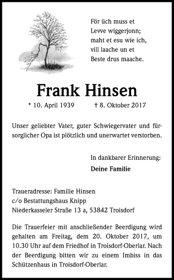Anzeige von Frank Hinsen von Kölner Stadt-Anzeiger / Kölnische Rundschau / Express