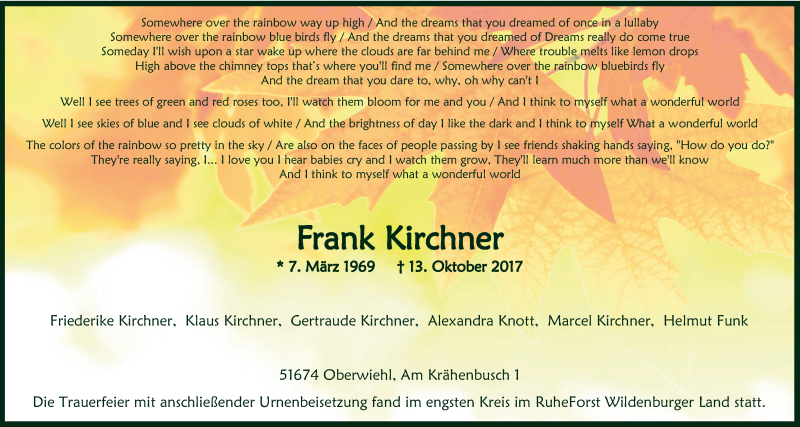  Traueranzeige für Frank Kirchner vom 25.10.2017 aus  Anzeigen Echo  Lokalanzeiger 