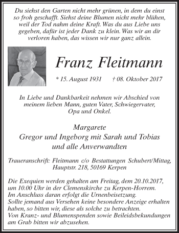 Anzeige von Franz Fleitmann von  Sonntags-Post 