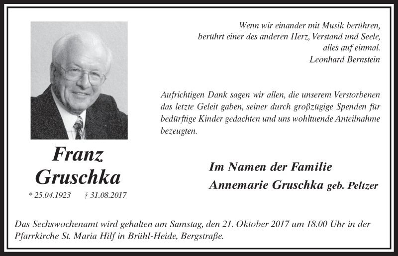  Traueranzeige für Franz Gruschka vom 11.10.2017 aus  Schlossbote/Werbekurier 