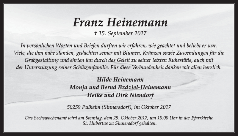  Traueranzeige für Franz Heinemann vom 21.10.2017 aus  Sonntags-Post 