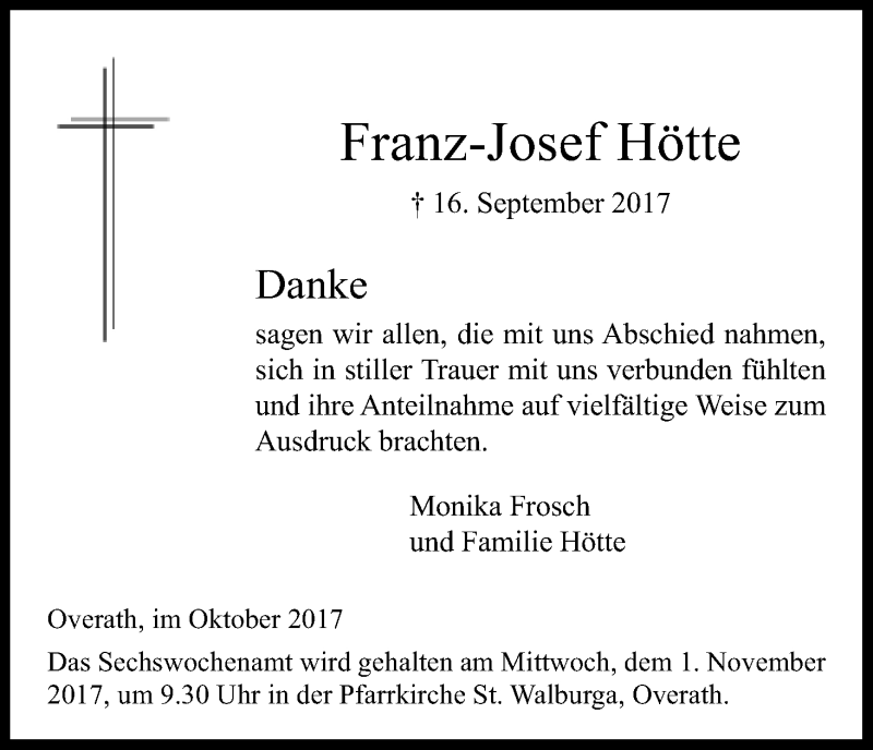  Traueranzeige für Franz-Josef Hötte vom 23.10.2017 aus Kölner Stadt-Anzeiger / Kölnische Rundschau / Express