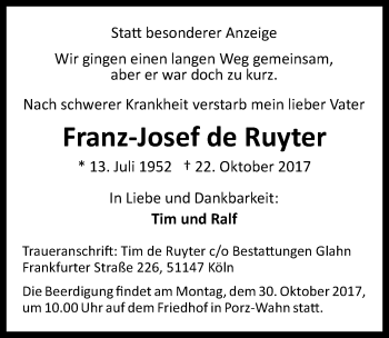 Anzeige von Franz-Josef  de Ruyter von  Kölner Wochenspiegel 