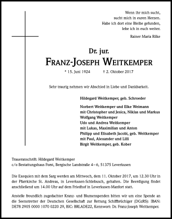 Anzeige von Franz-Joseph Weitkemper von Kölner Stadt-Anzeiger / Kölnische Rundschau / Express
