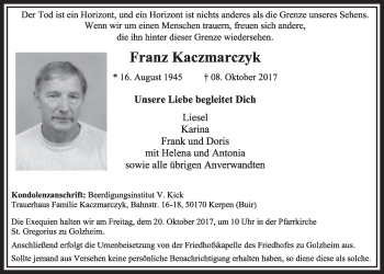 Anzeige von Franz Kaczmarczyk von  Sonntags-Post 